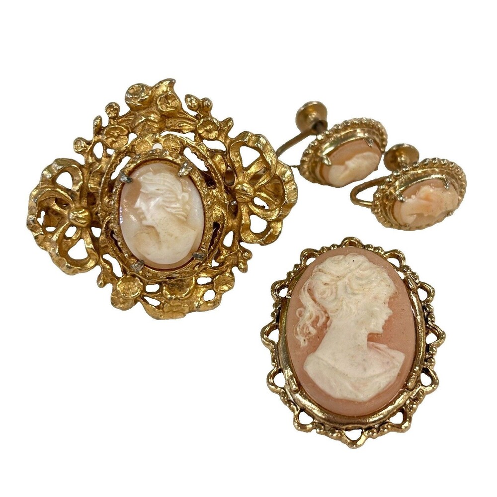 Vintage Cameo Jewelry Lot GENO Signed Dress Clip Brooch Screw Back Earrings